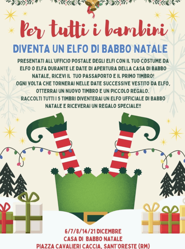 Locandina dell’evento “Diventa un Elfo di Babbo Natale” a Sant’Oreste, con date 6-7-8-14-21 dicembre.
